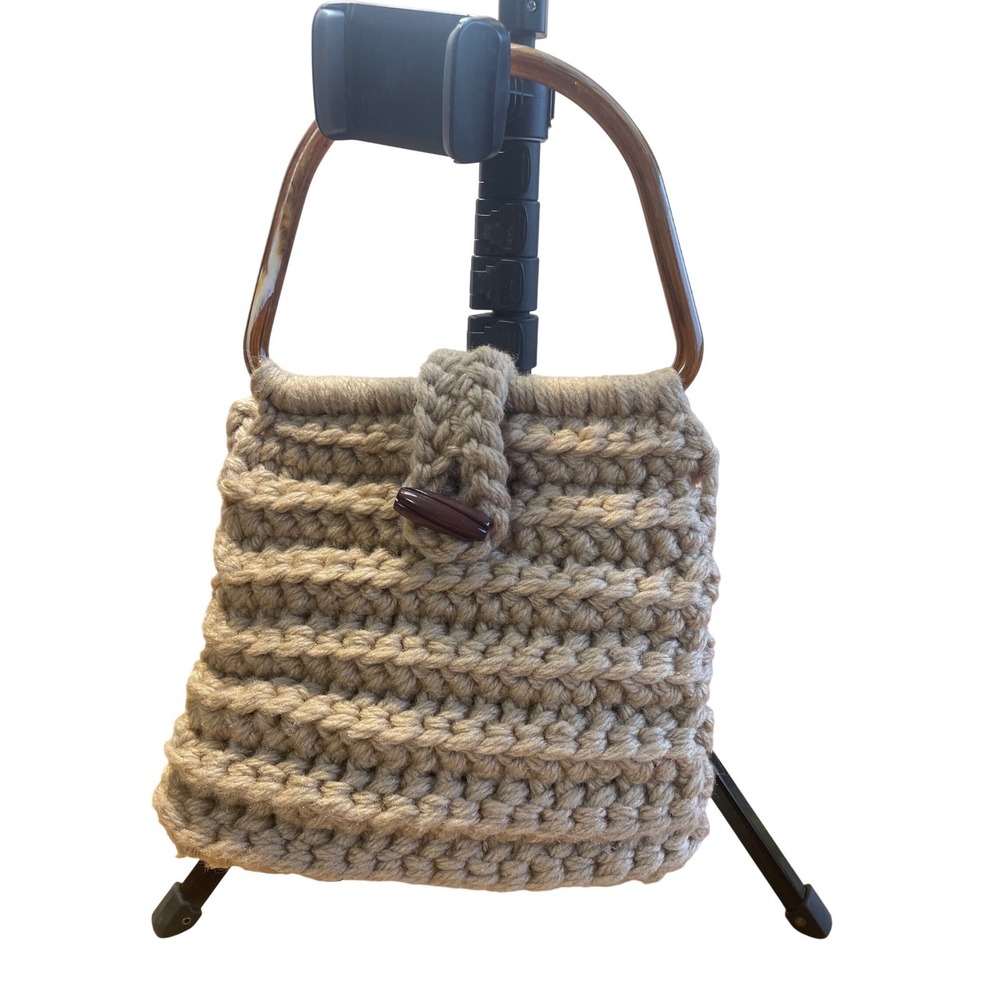 Handmade Crochet Handbag Beige Yarn w/ Amber Lucite Handles Lined Boho Vintage
